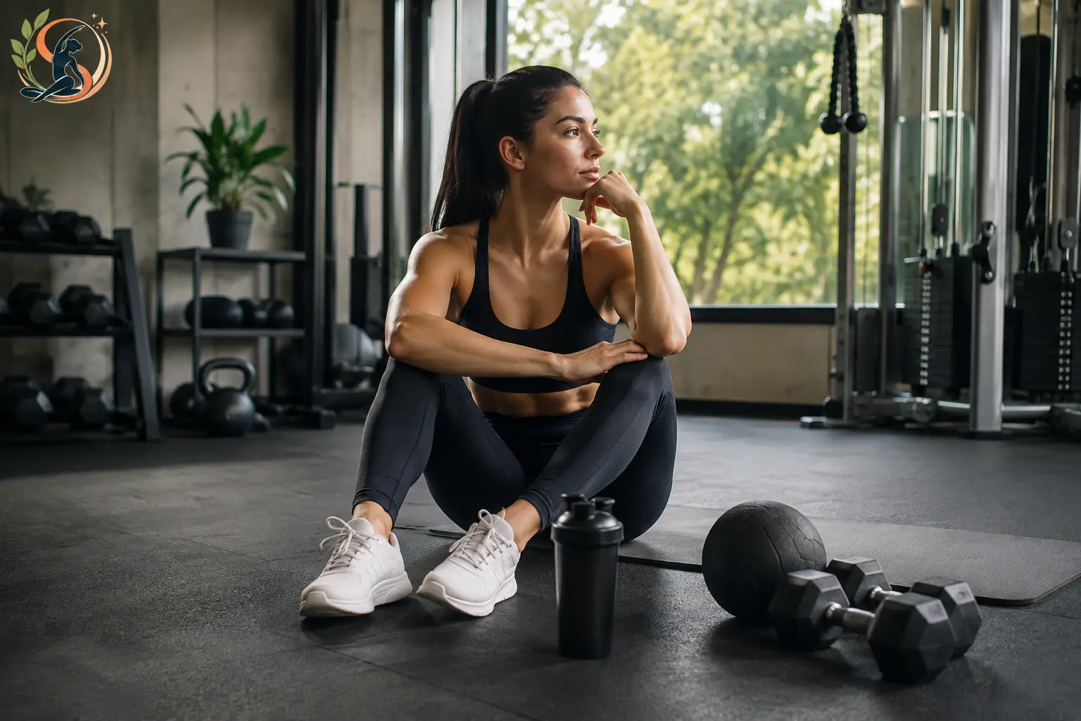 Woman resting in a gym after core training, with dumbbells, a medicine ball and exercise equipment nearby.