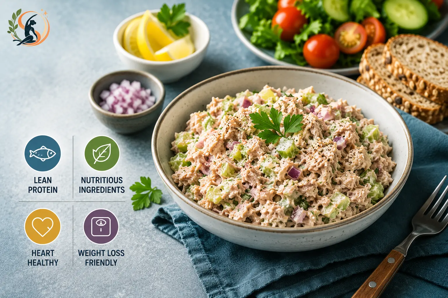 Tuna salad with Greek yogurt, avocado, Dijon mustard and fresh ingredients as healthy alternatives to mayonnaise