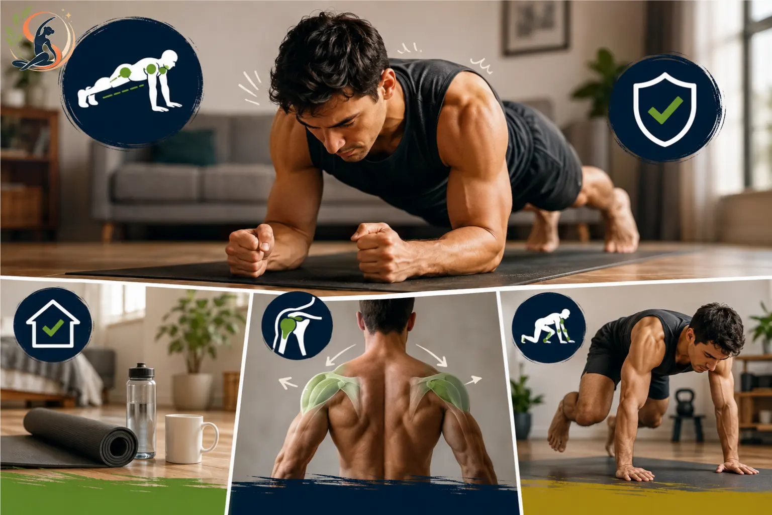 Bodyweight shoulder training at home featuring plank, bear crawl and shoulder stability exercises