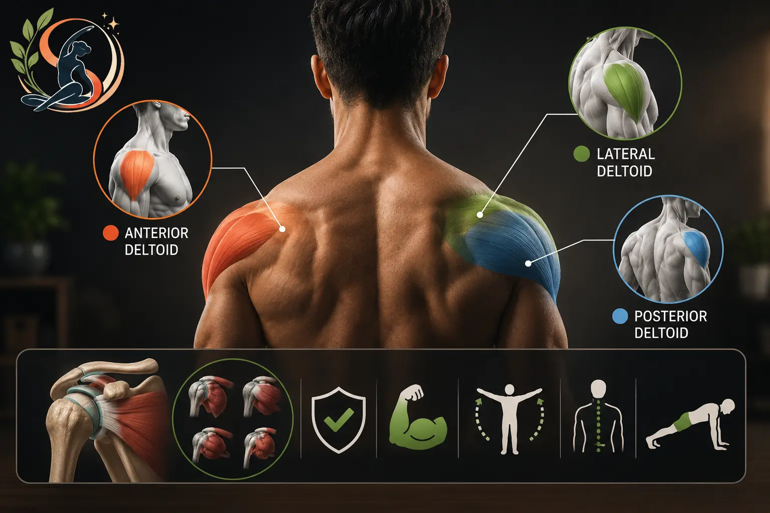 Shoulder muscle anatomy showing anterior, lateral and posterior deltoids with rotator cuff muscles and stability exercises