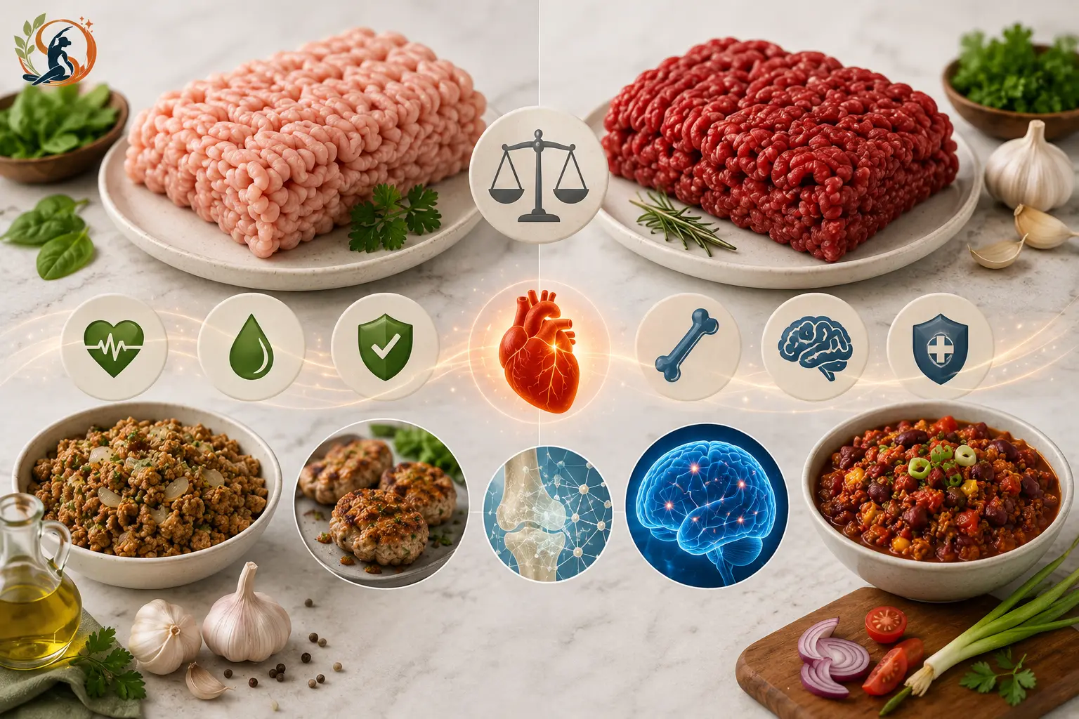 Realistic comparison of ground turkey and ground beef with healthy cooked dishes, fresh herbs and nutrition-related health icons.