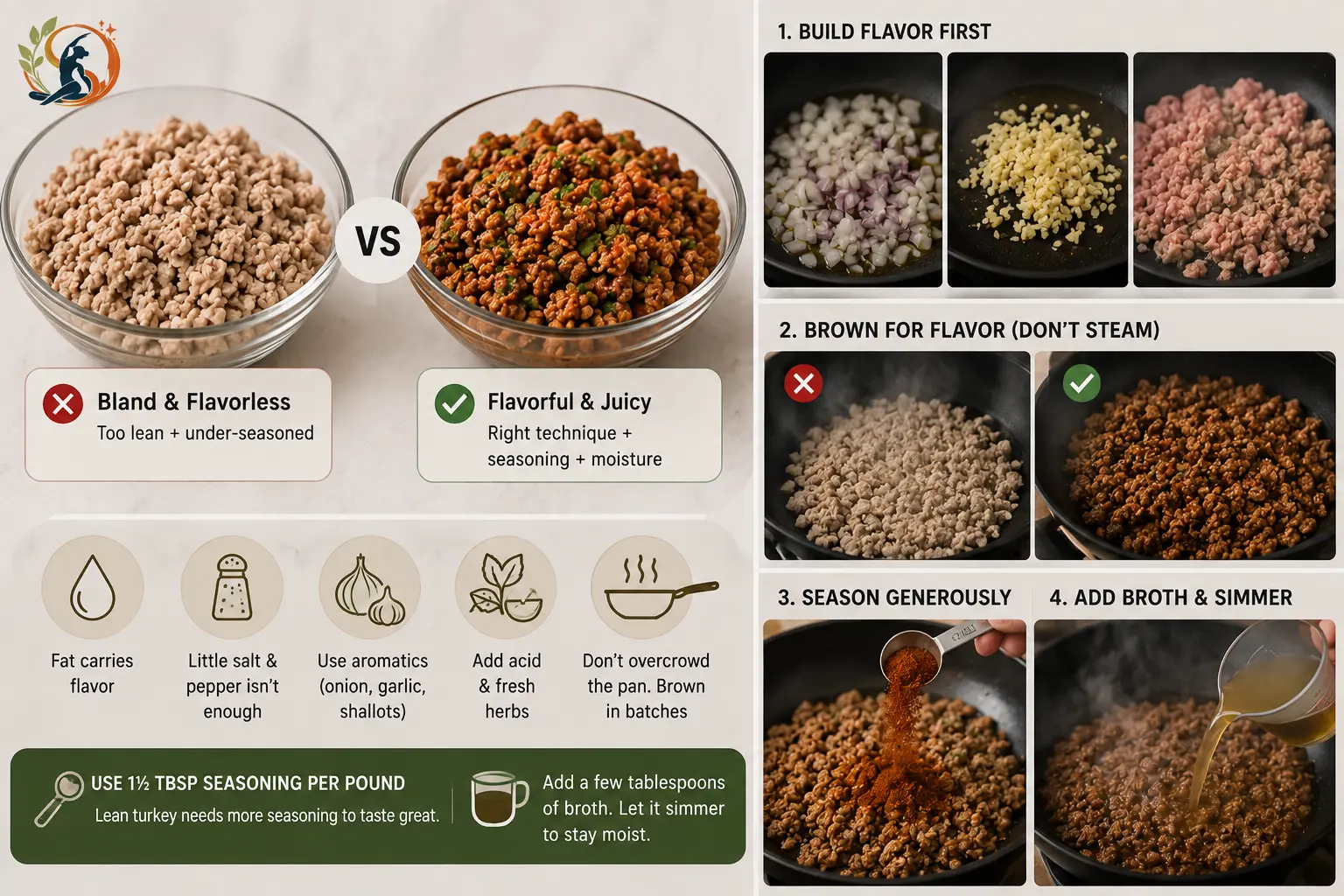 Cooked ground turkey seasoned with garlic, onion, fresh herbs, spices and broth, showing a flavorful and moist preparation.