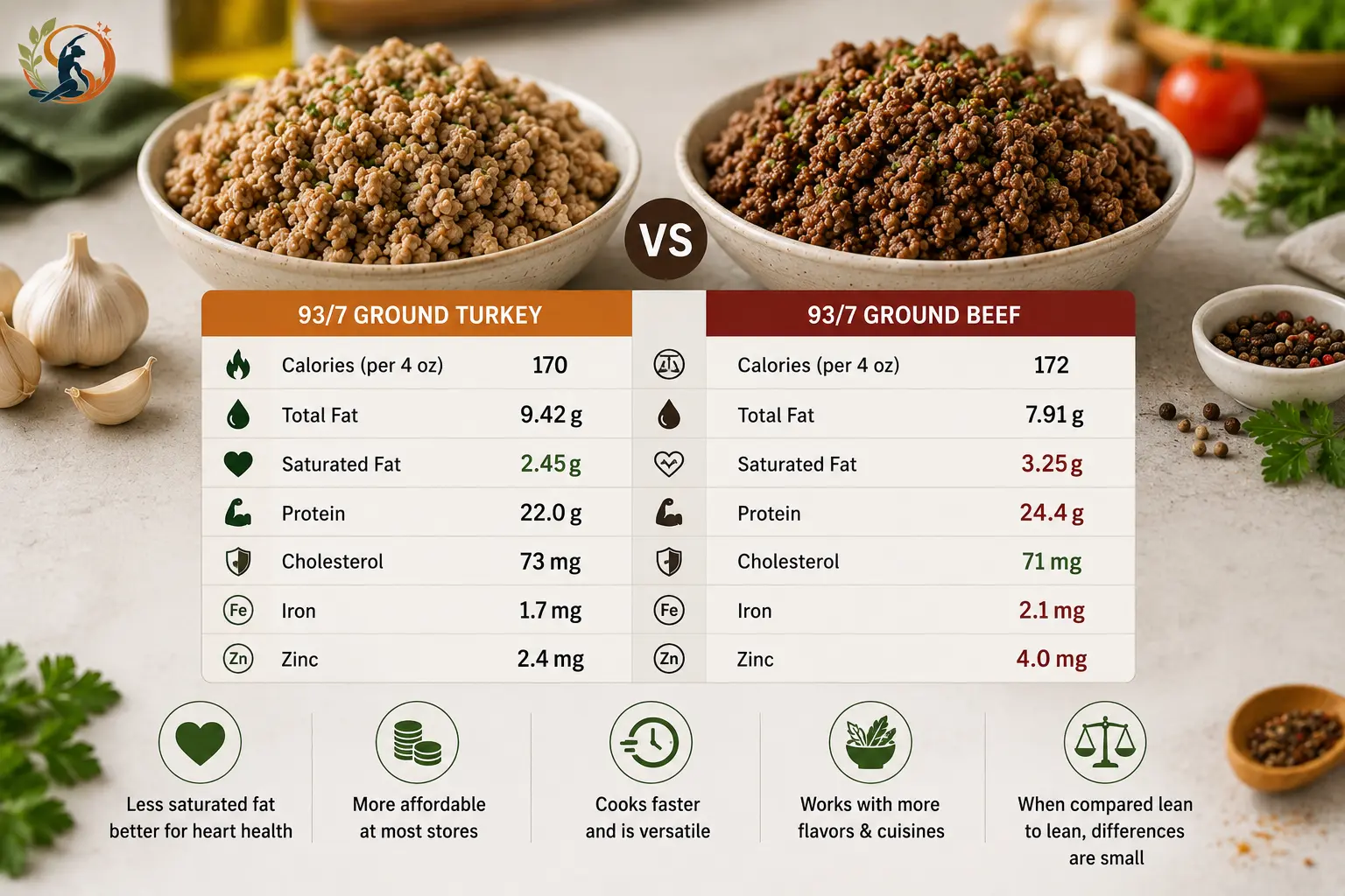 Realistic comparison of 93/7 ground turkey and 93/7 ground beef with bowls of cooked meat, fresh ingredients and nutrition-focused visuals.