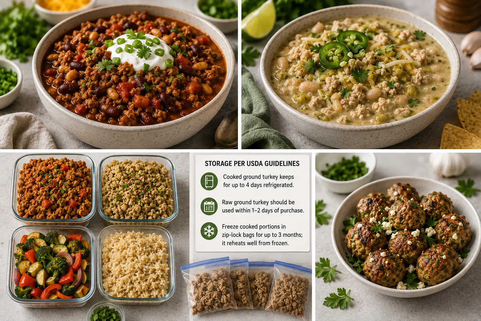 Healthy ground turkey recipes featuring classic turkey chili, white bean turkey chili, meal-prep bowls with vegetables and rice and Greek turkey feta meatballs.
