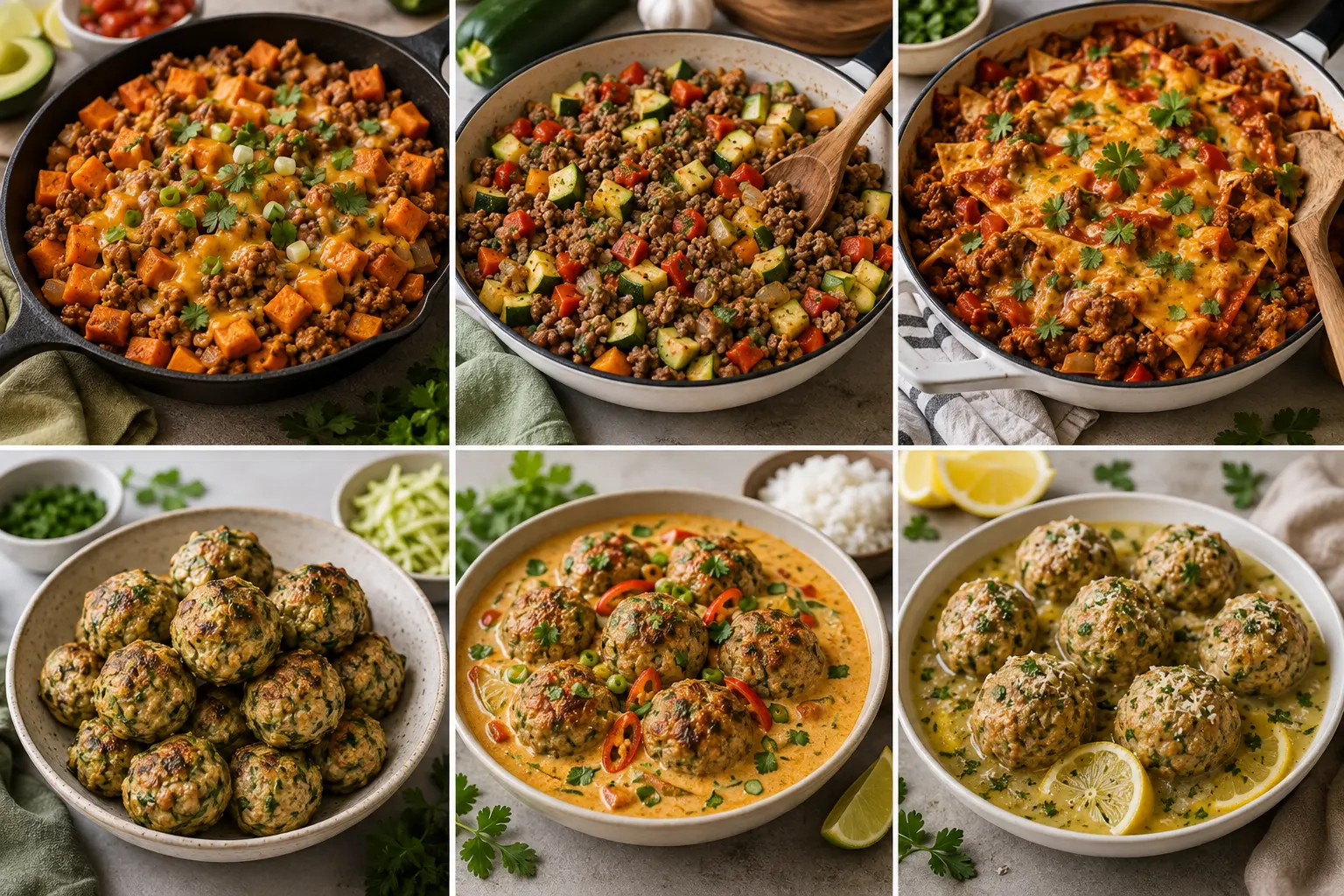 Healthy ground turkey skillet meals and meatball recipes featuring sweet potato, zucchini, peppers, herbs, curry sauce and lemon garlic butter.