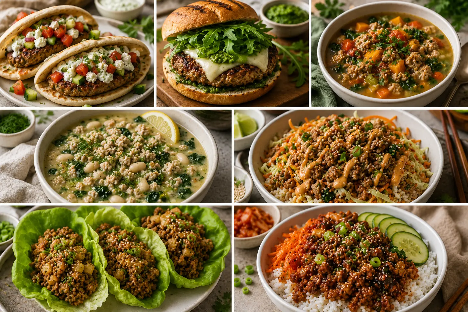 Healthy ground turkey dishes including Greek turkey pitas, pesto turkey burger, vegetable soup, white bean soup, Asian turkey rice bowl, lettuce cups and Korean-style turkey rice bowl.