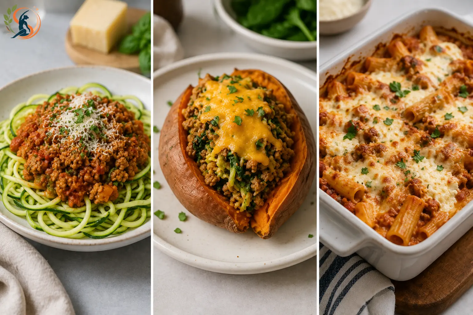 Ground turkey dishes featuring zucchini pasta with tomato sauce, a stuffed sweet potato with vegetables and cheese and baked rigatoni with ricotta and tomato sauce.