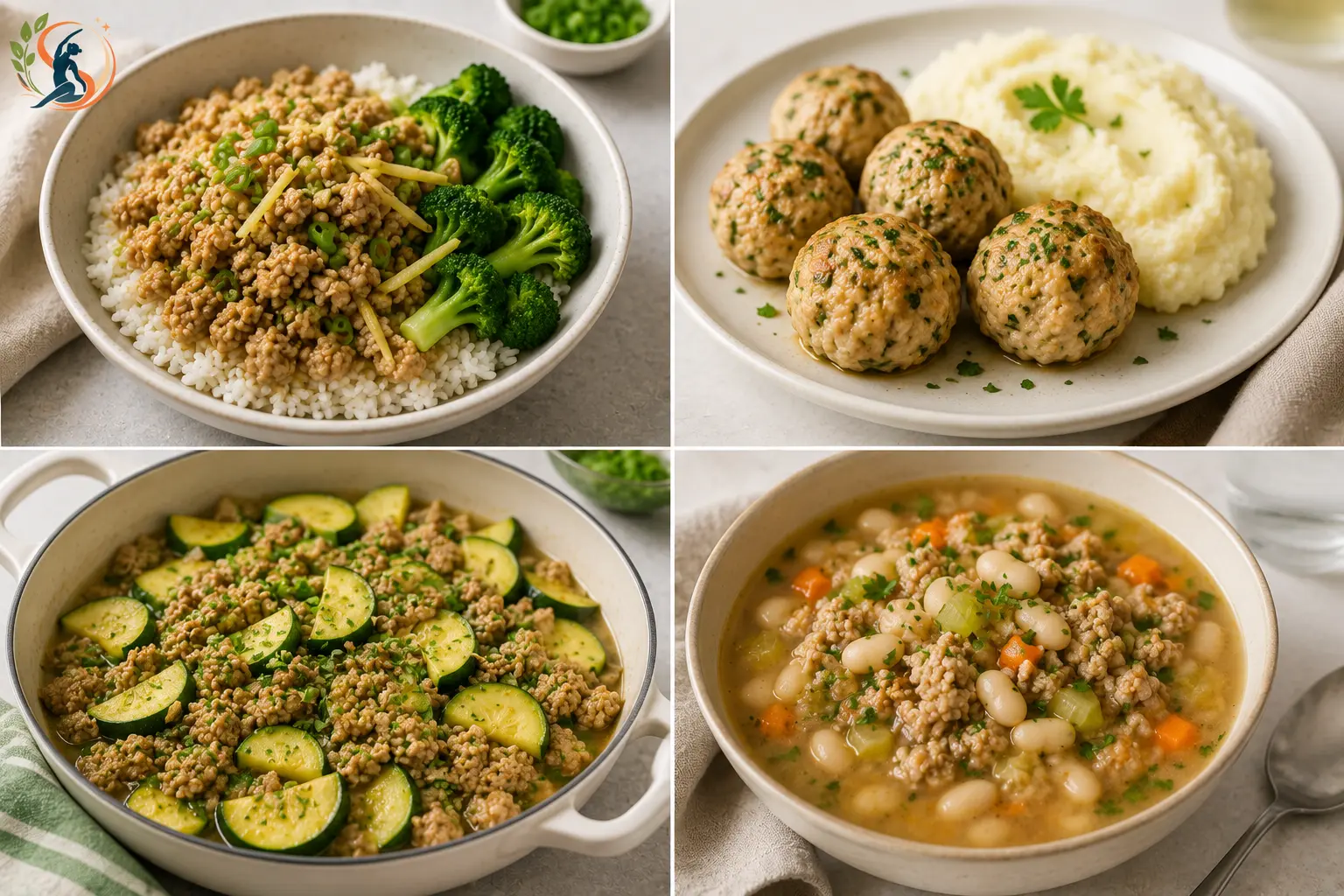 GERD-friendly ground turkey meals including a ginger turkey rice bowl, herb turkey meatballs with mashed potatoes, turkey and zucchini skillet and white bean turkey soup.