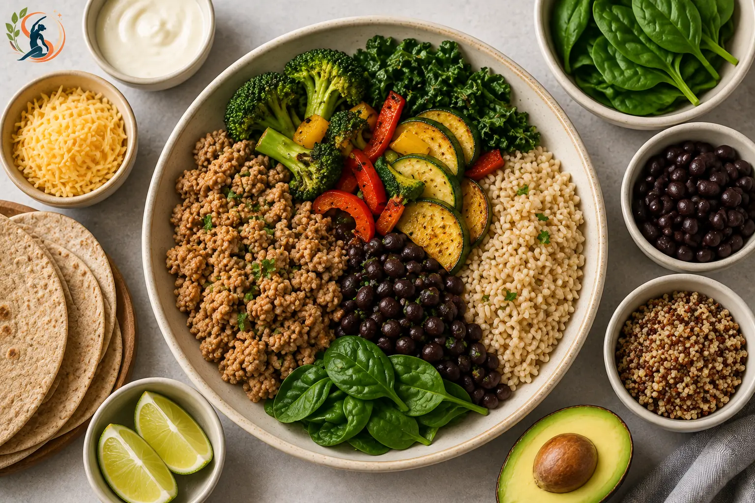 Healthy ground turkey meal with black beans, brown rice, broccoli, zucchini, peppers, leafy greens and other weight-loss-friendly sides.