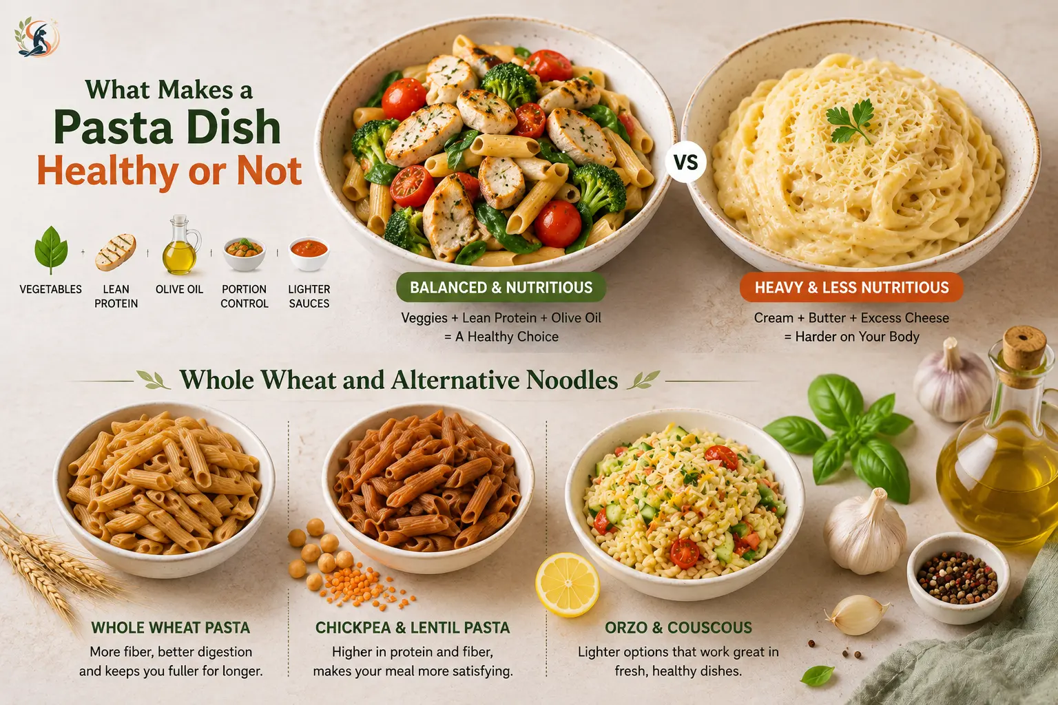 Healthy and less healthy pasta dishes with whole wheat, chickpea, lentil, orzo and couscous options