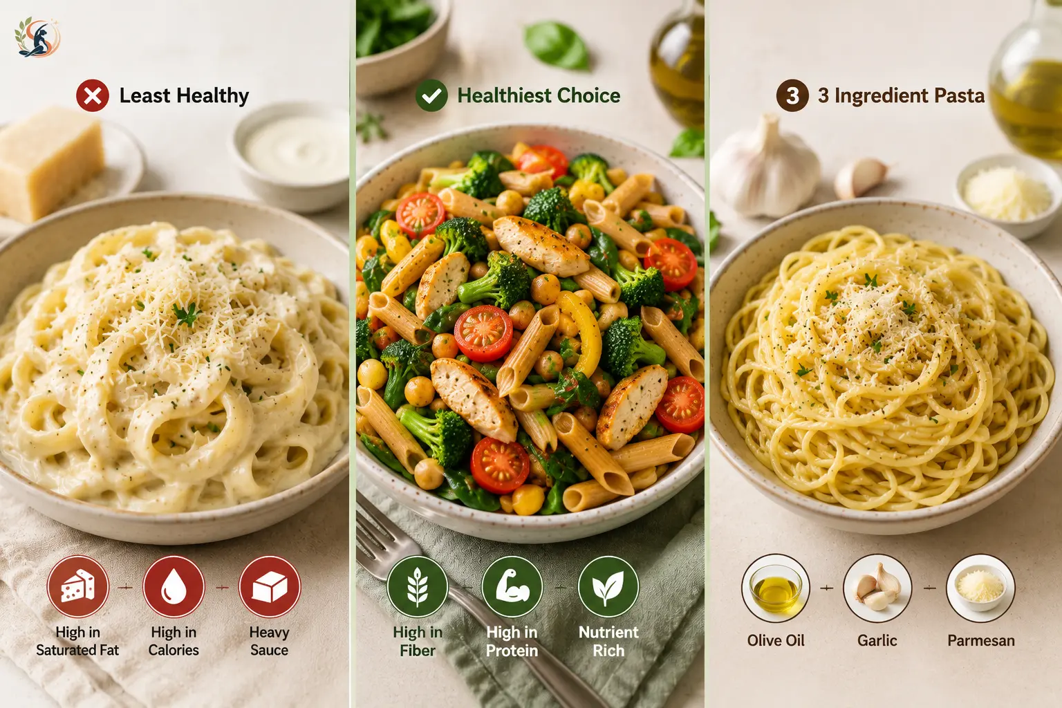 Healthy and unhealthy pasta choices with Alfredo, vegetable pasta and simple olive oil garlic pasta