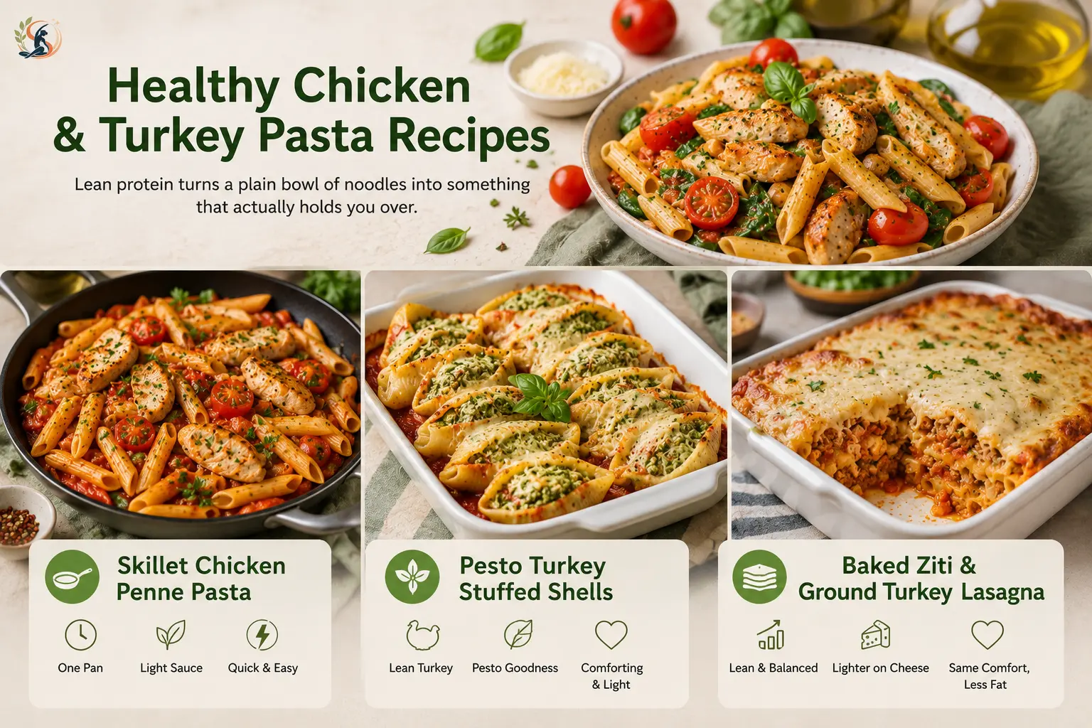 Healthy chicken and turkey pasta recipes with chicken penne, turkey stuffed shells and baked ziti