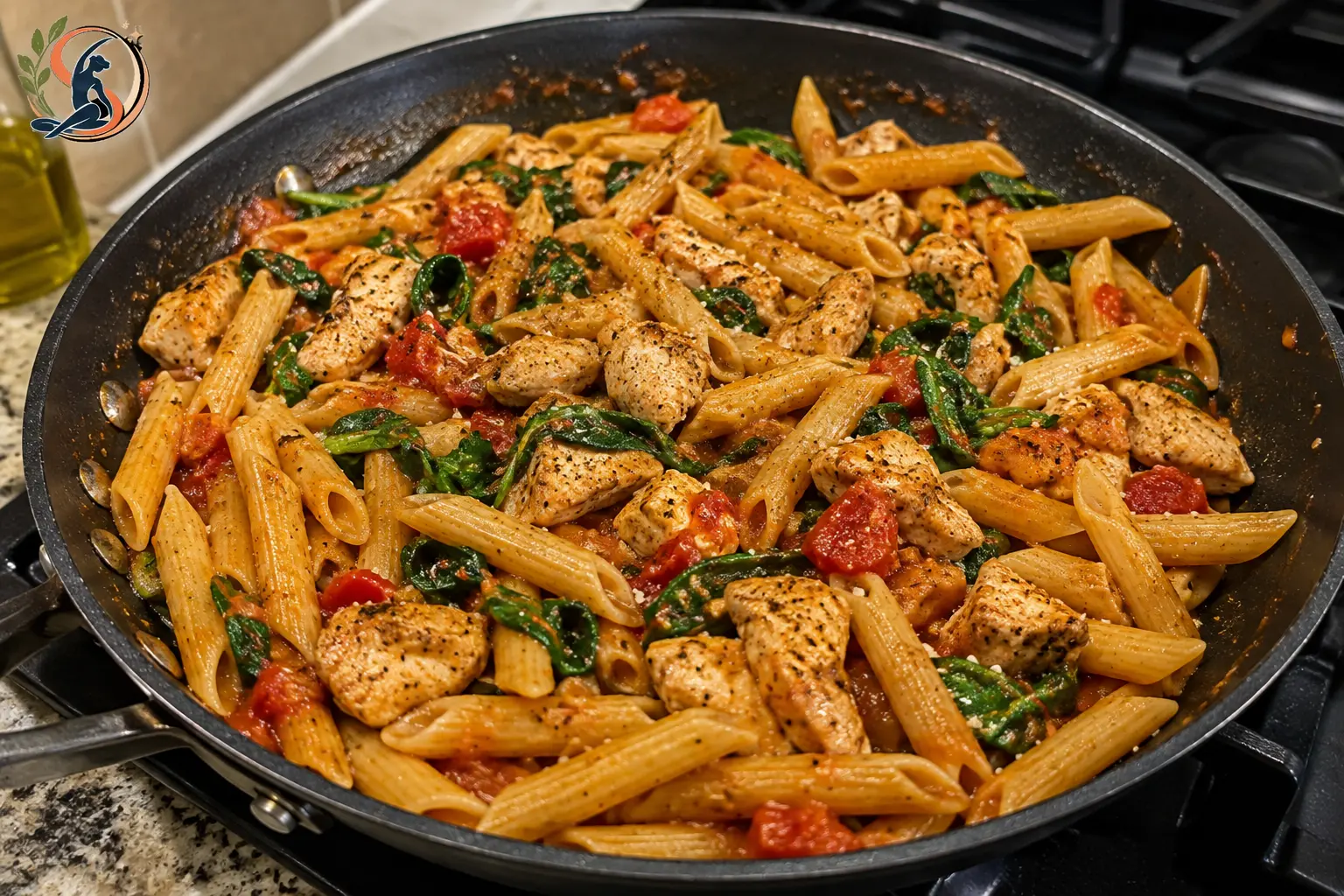 Skillet chicken penne pasta with browned chicken, tomato sauce, spinach, and herbs in a one-pan dinner.