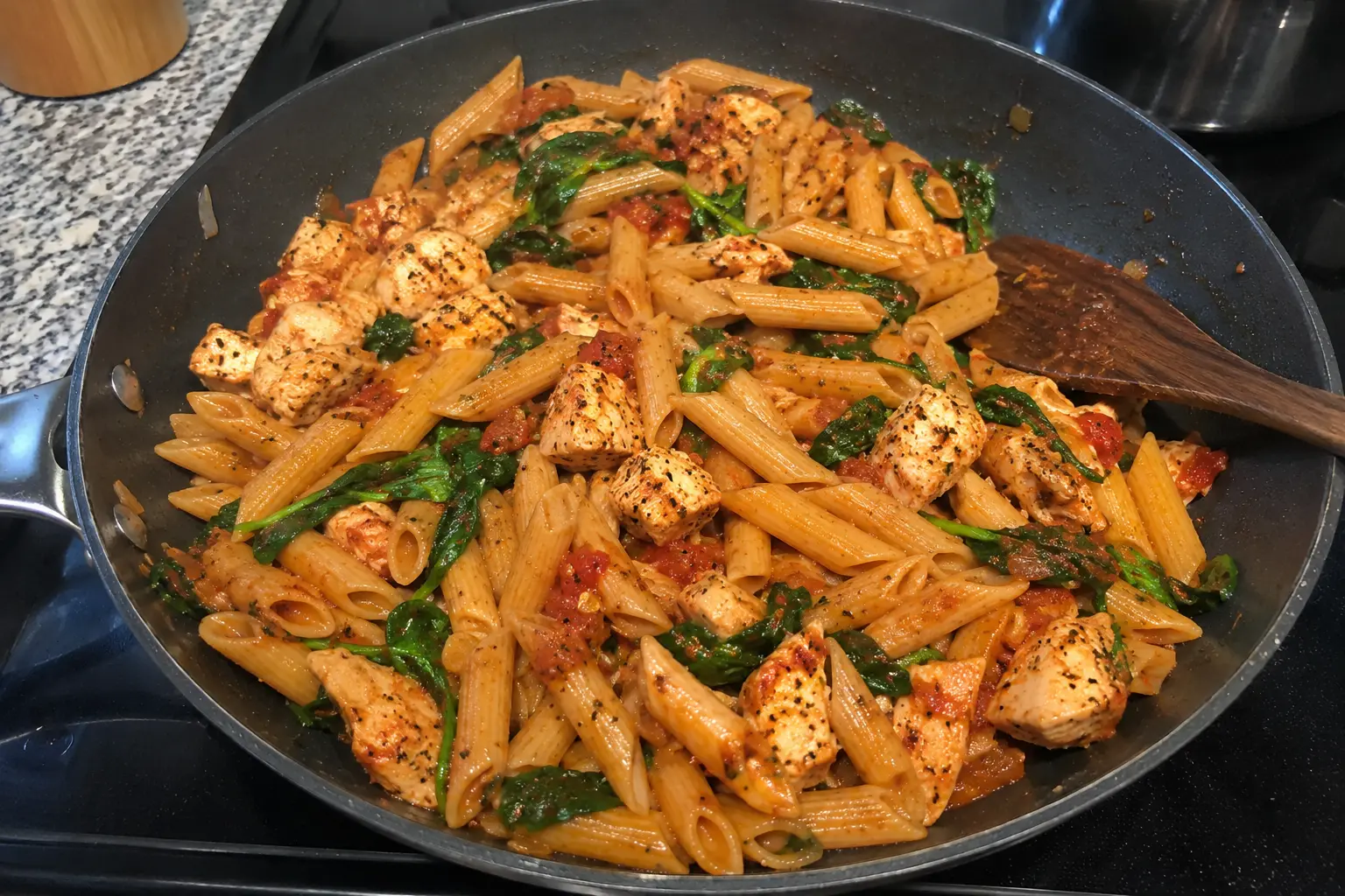 Skillet chicken penne pasta with browned chicken, tomato sauce, spinach, and herbs in a one-pan dinner.