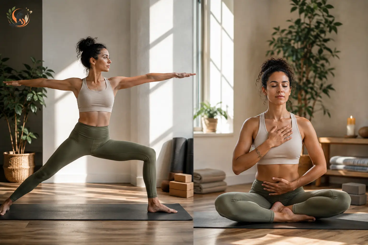 Woman practicing Hatha yoga in a bright, peaceful studio, combining a standing yoga pose with mindful breathing