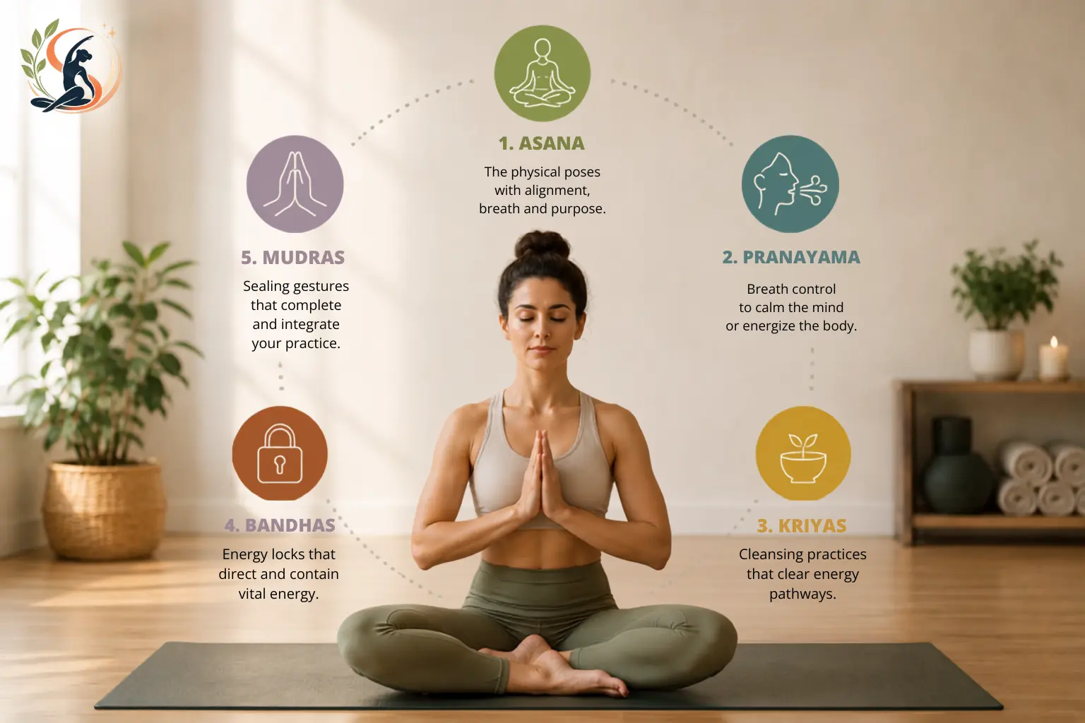 Woman practicing seated Hatha yoga meditation in a bright, peaceful studio with plants and yoga props