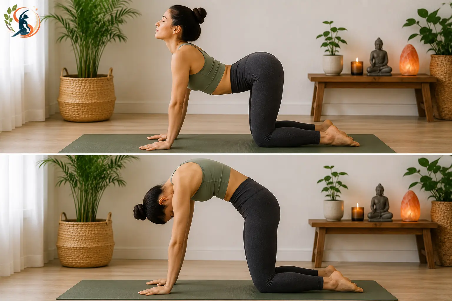 Woman demonstrating Cat-Cow Pose on a yoga mat, showing the rounded Cat position and lifted Cow position in a calm yoga studio.