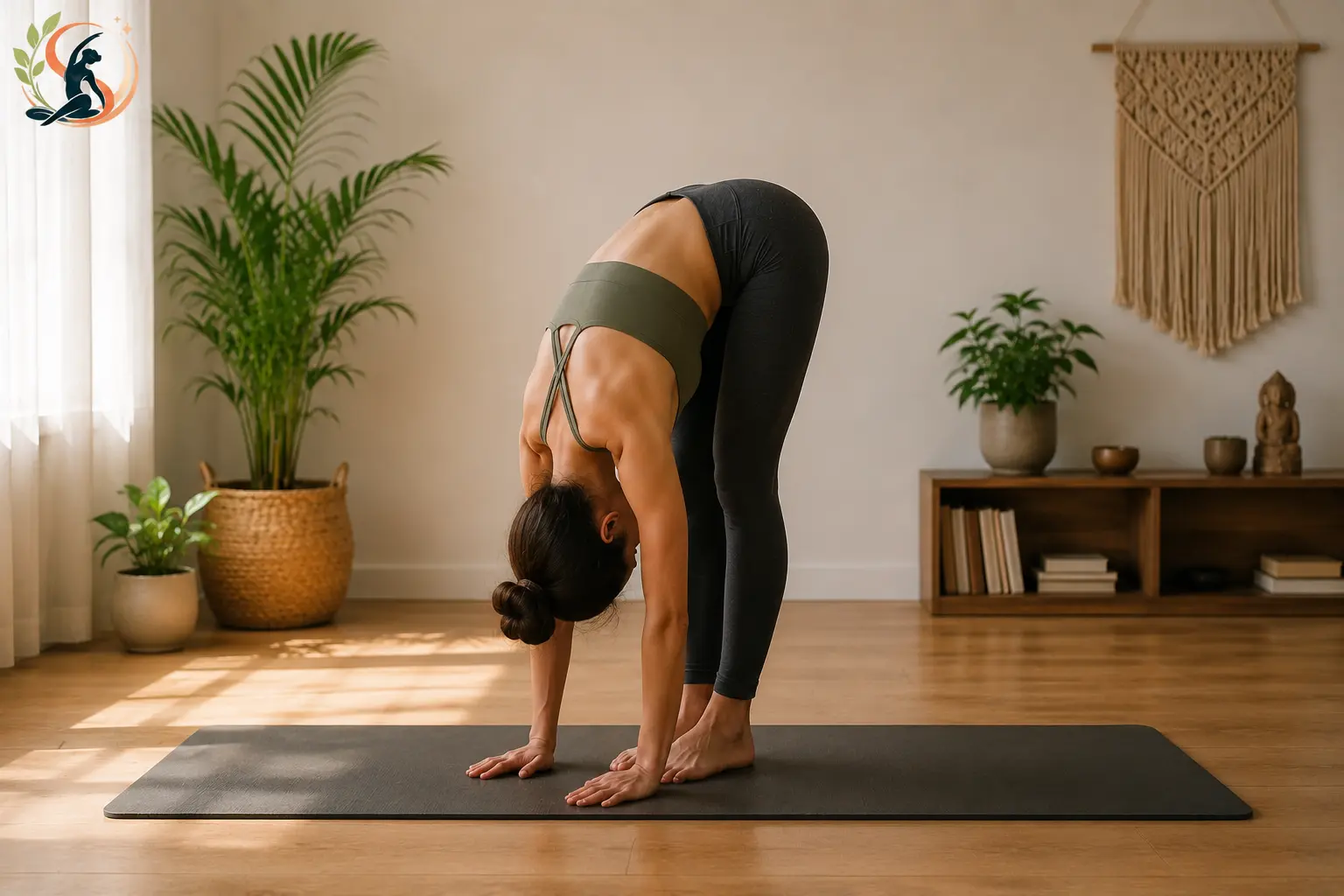 Woman practicing Standing Forward Fold (Uttanasana) on a yoga mat in a calm, sunlit studio.