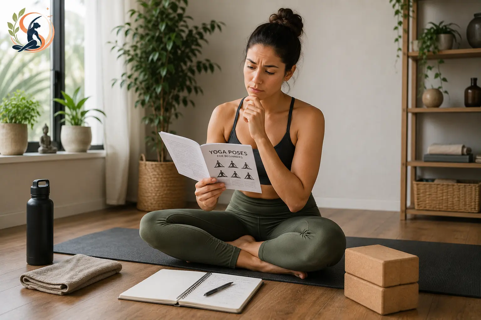 Beginner yoga practitioner sitting cross-legged on a yoga mat and studying a guide to yoga poses in a peaceful home studio.