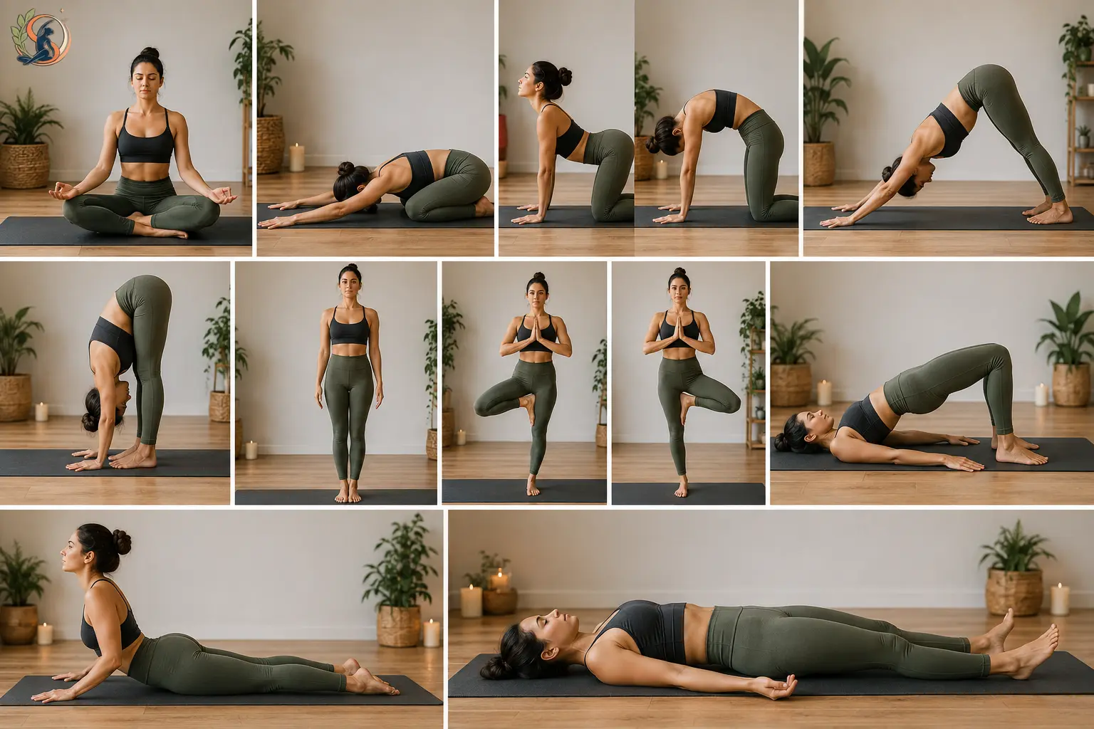 Beginner practicing a 10-minute Hatha yoga routine through a sequence of breathing, foundational poses, and final Savasana on a yoga mat.