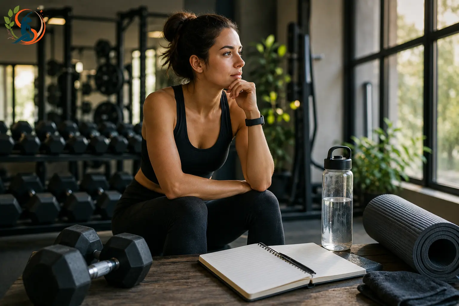 An athletic woman sitting thoughtfully in a well-lit gym with dumbbells, an open notebook, water bottle, foam roller, and workout equipment.