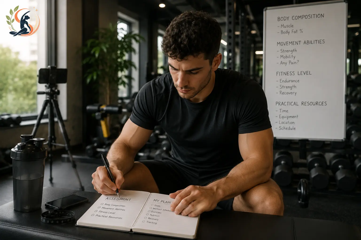Man assessing his fitness and planning a personalized workout routine in a modern gym, surrounded by training equipment and progress-tracking materials.