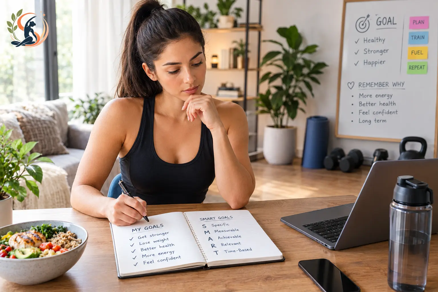 Woman planning personalized fitness goals at home with a workout notebook, laptop, dumbbells, and other fitness equipment.