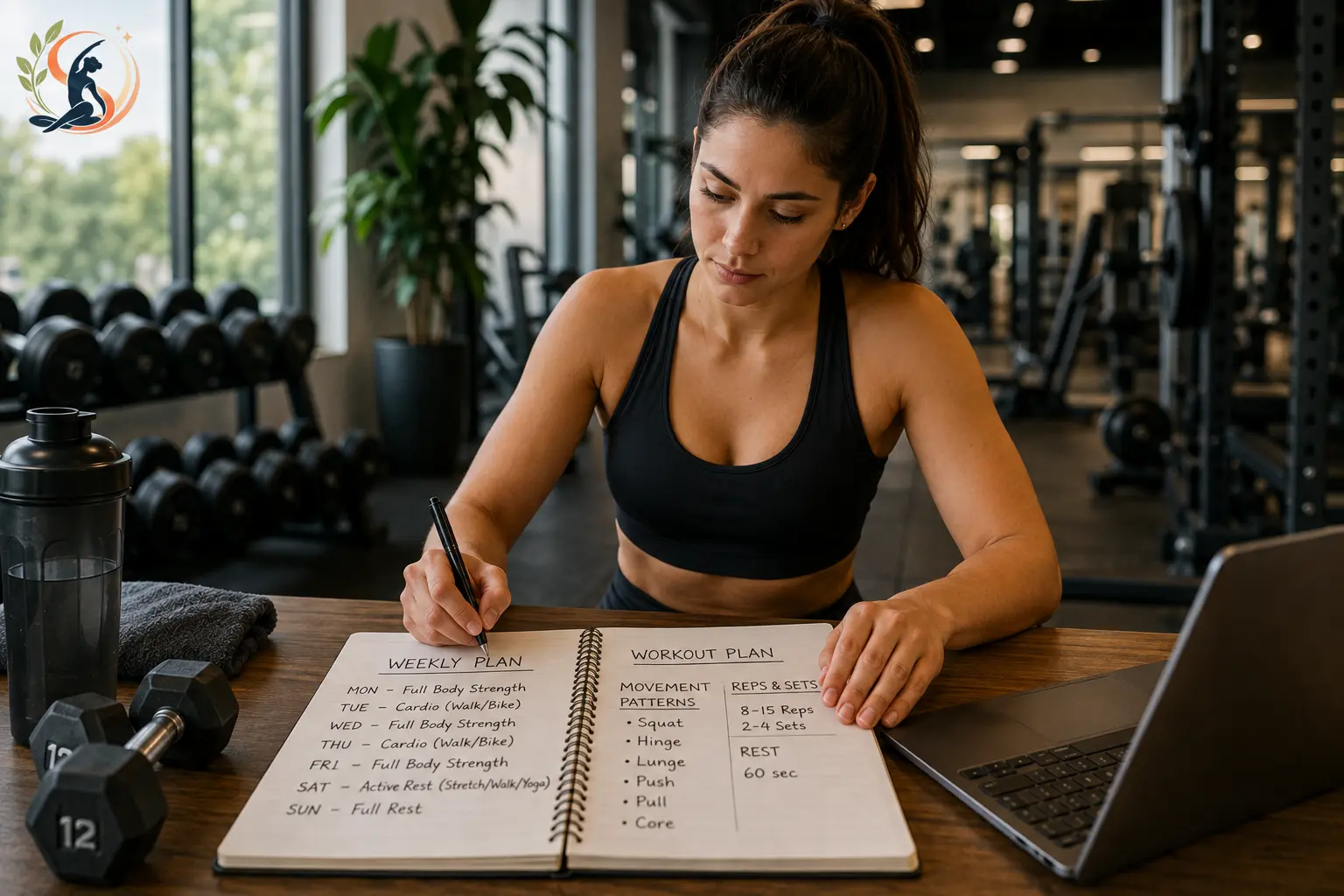 Woman creating a personalized weekly workout plan in a modern gym, with strength training, cardio, movement patterns, reps, sets, and rest outlined in her notebook.