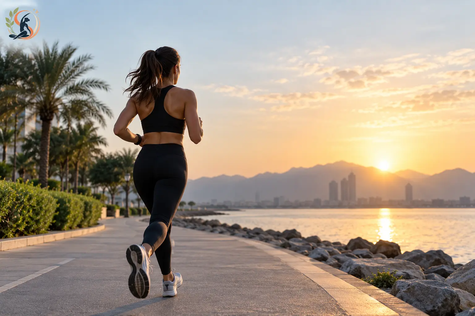 Woman jogging along a waterfront path at sunset, representing sustainable cardio and gradual aerobic fitness progression.