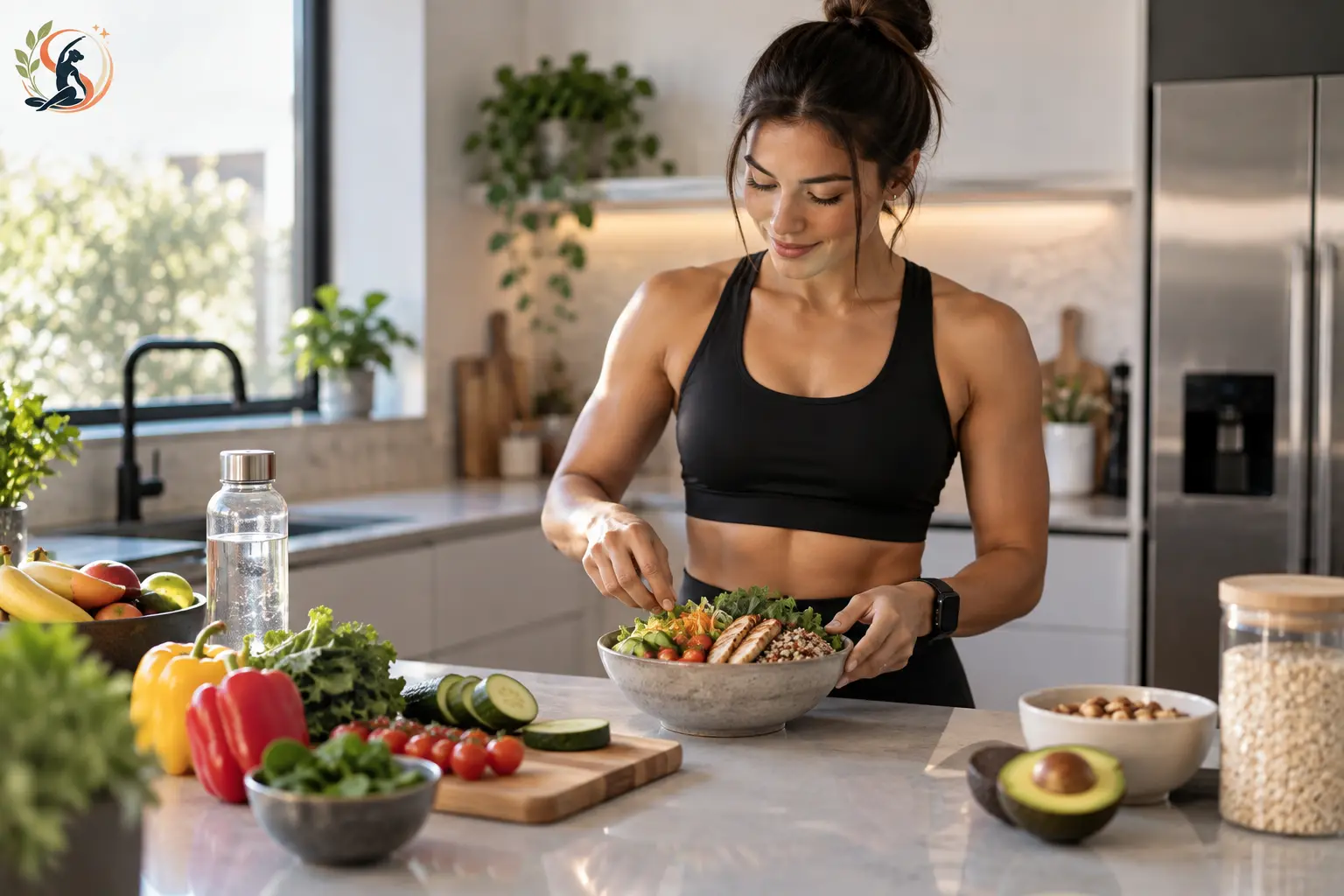 Fitness-focused woman preparing a healthy meal with grilled chicken, vegetables, whole grains, avocado, fruit, and water in a modern kitchen.