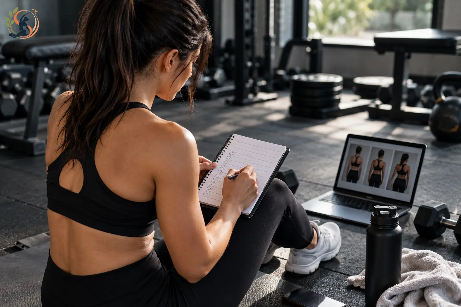 Woman reviewing her workout progress in a gym while recording her training in a planner, representing regular fitness tracking and workout plan adjustments.