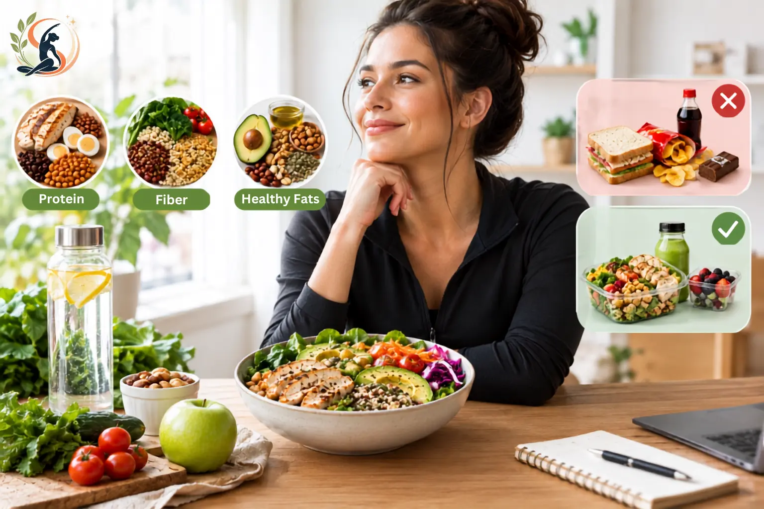 Healthy lunch bowl with grilled chicken, vegetables, chickpeas, quinoa, avocado, nuts and berries, showing balanced protein, fiber and healthy fats alongside less nutritious lunch choices.