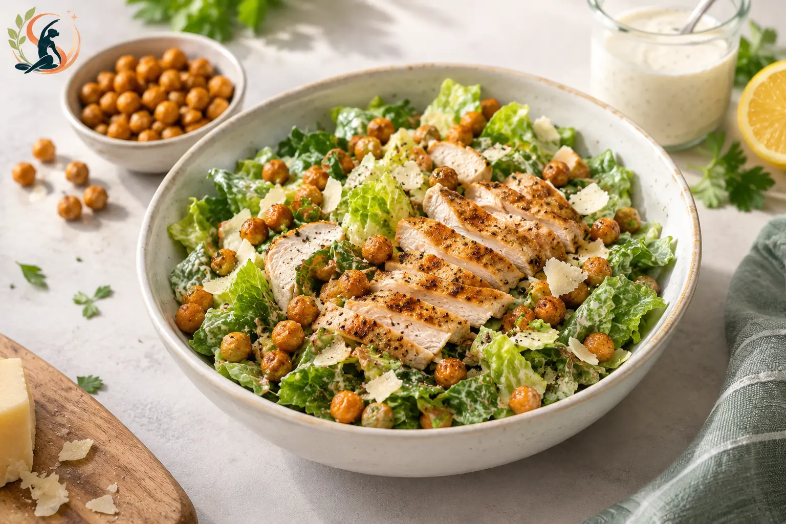 Grilled chicken Caesar salad topped with crispy roasted chickpeas and creamy Greek yogurt dressing.