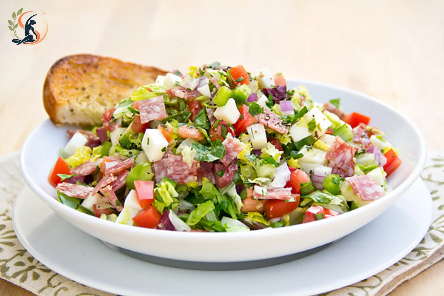 Italian chopped salad with romaine chickpeas tomatoes olives and provolone