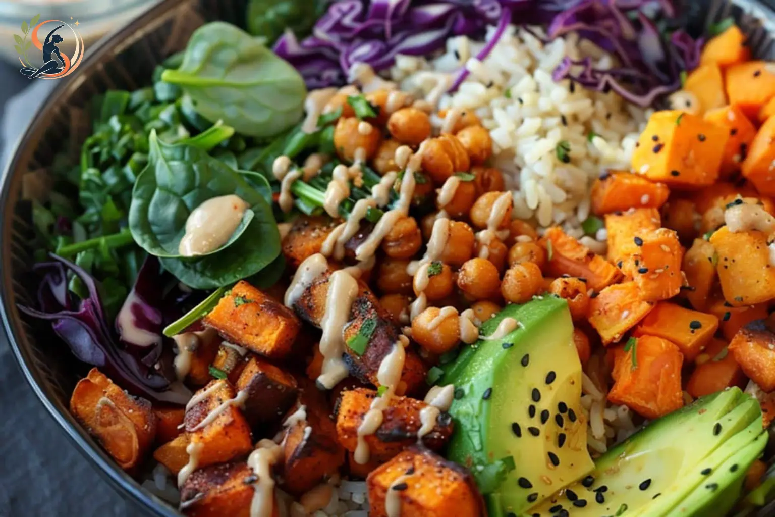 Buddha bowl with brown rice roasted sweet potato crispy chickpeas kale avocado and tahini sauce