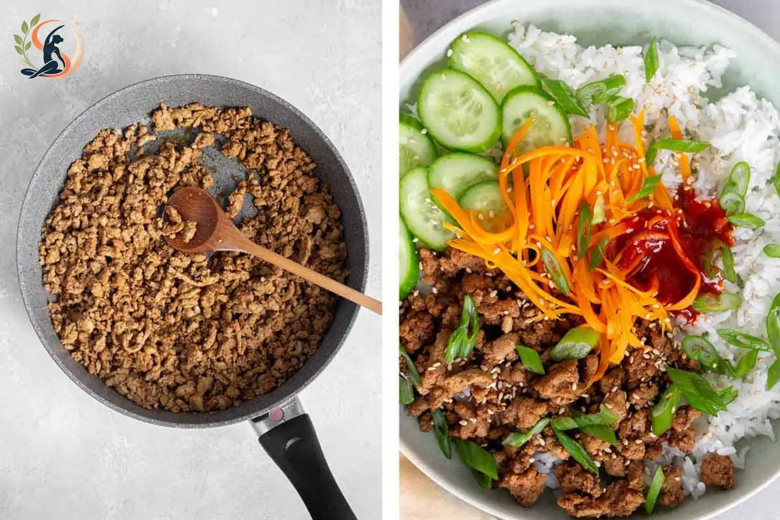 Korean ground turkey rice bowl with pickled cucumbers carrots sesame seeds and rice