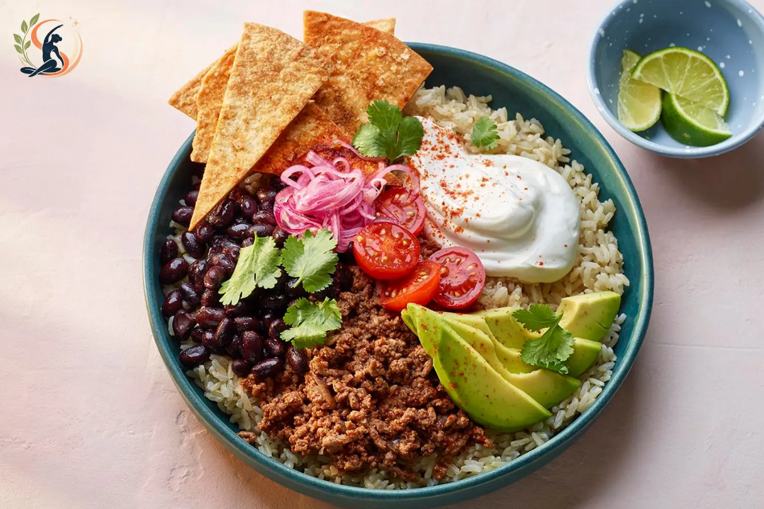 burrito bowl with cilantro lime rice black beans grilled chicken peppers corn guacamole and salsa