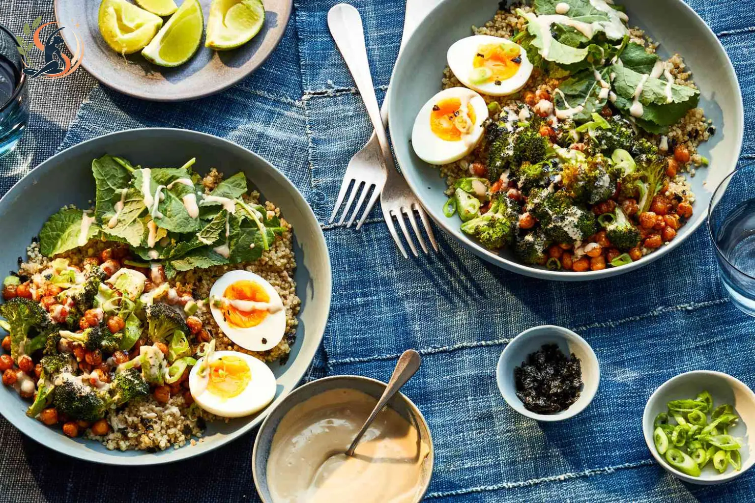 roasted vegetable grain bowl with whole grains colorful vegetables and tahini dressing