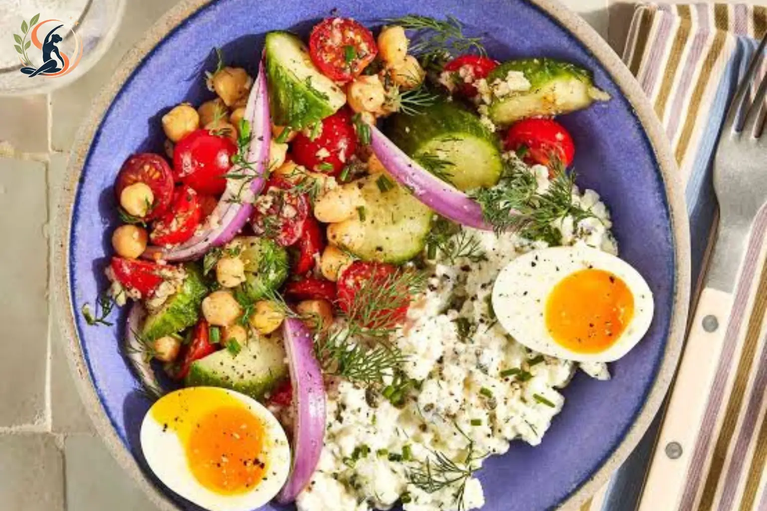 cottage cheese power bowl with brown rice roasted vegetables soft boiled egg and hot sauce