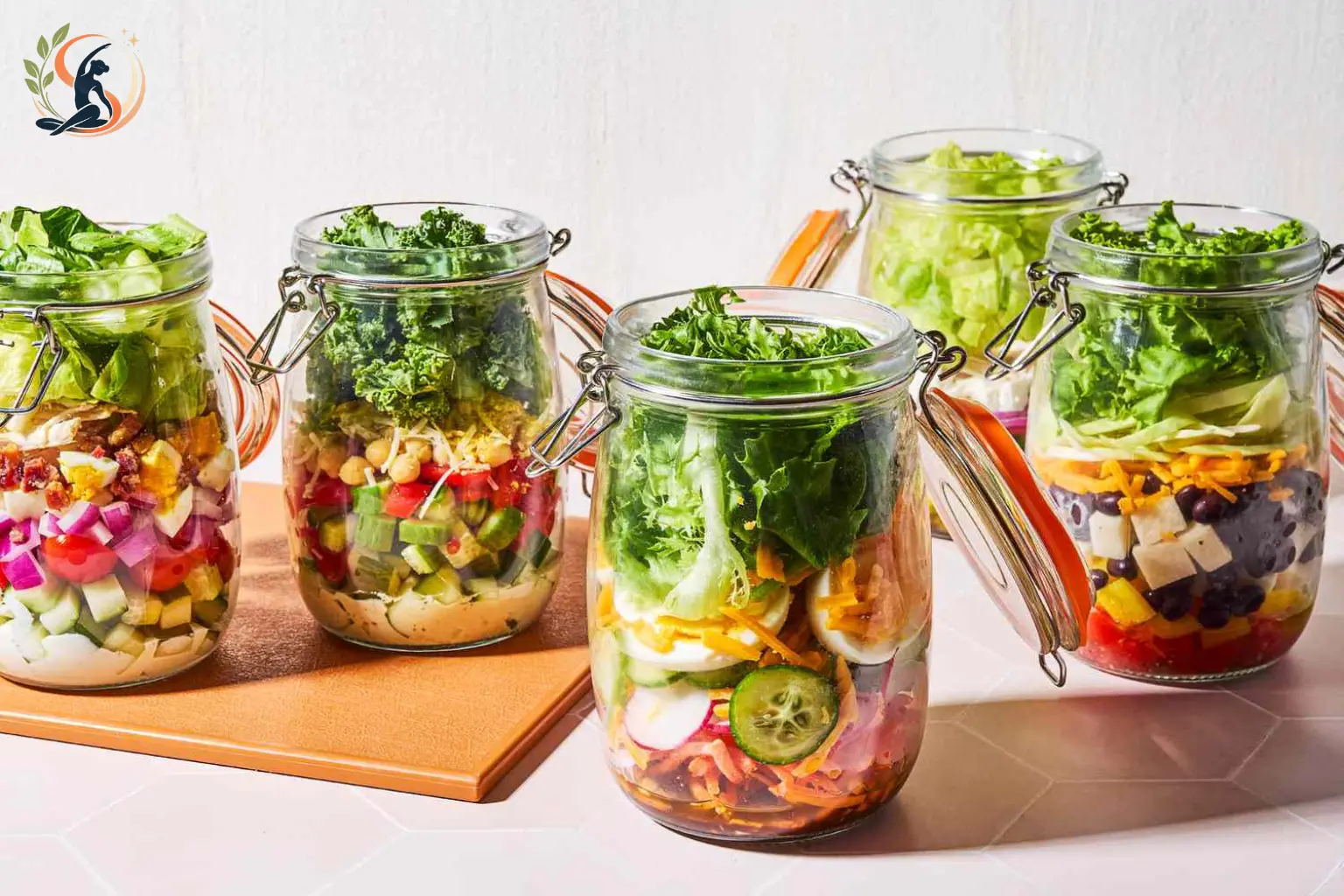 mason jar salad layered with chickpeas grains vegetables greens and dressing